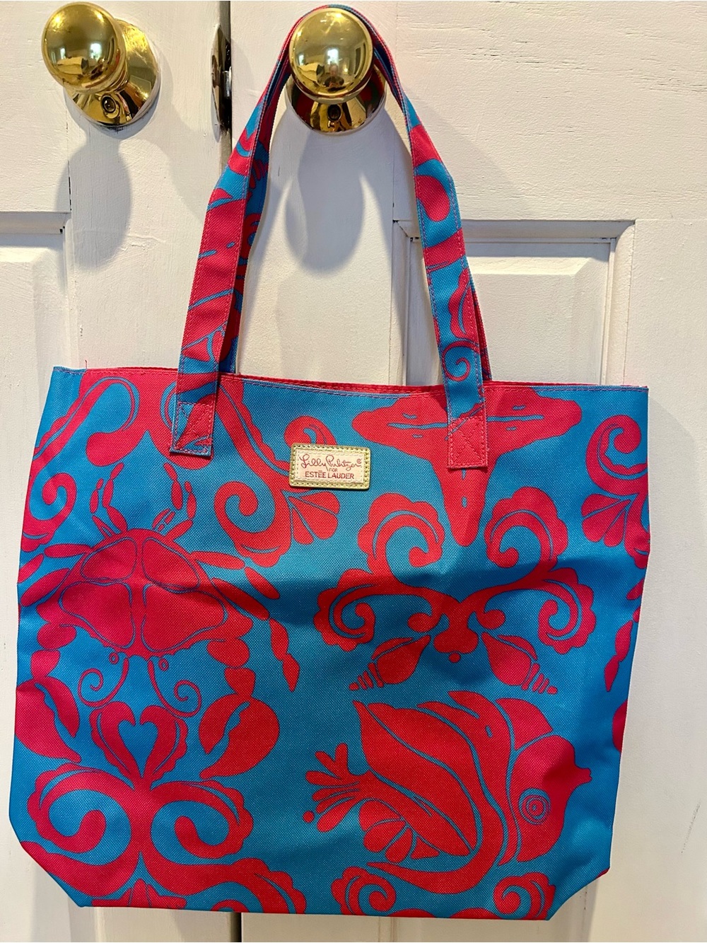 Estee Lauder Blue and Pink Floral Tote Bag 14”x16
